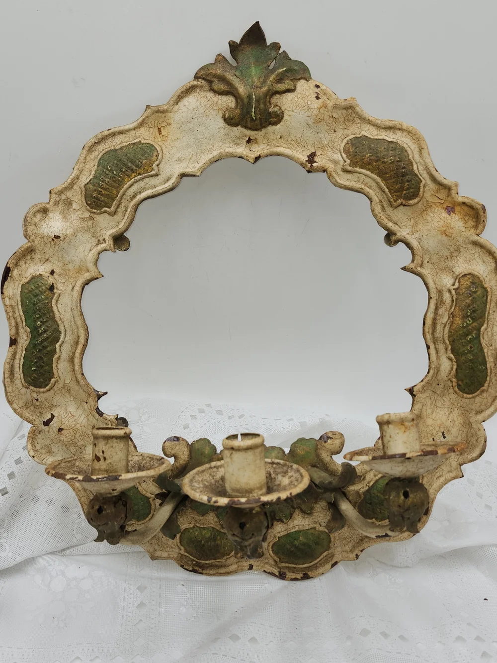 Vintage Antique Cream Metal Wall Sconce Wreath  Taper Candle Distressed 18